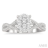 5/8 Ctw Oval Shape Center Split Criss Cross Shank Lovebright Round Cut Diamond Engagement Ring in 14K White Gold