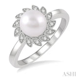 7x7 MM Round Shape Cultured Pearl and 1/10 Ctw Sunflower Round Cut Diamond Ring in 10K White Gold