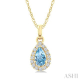 5x3 MM Pear Shape Aquamarine and 1/20 Ctw Round Cut Diamond Halo Semi-Precious Pendant with Chain in 10K Yellow Gold