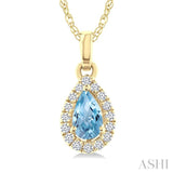 5x3 MM Pear Shape Aquamarine and 1/20 Ctw Round Cut Diamond Halo Semi-Precious Pendant with Chain in 10K Yellow Gold