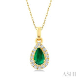 5x3 MM Pear Shape Emerald and 1/20 Ctw Round Cut Diamond Halo Precious Pendant with Chain in 14K Yellow Gold