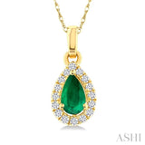 5x3 MM Pear Shape Emerald and 1/20 Ctw Round Cut Diamond Halo Precious Pendant with Chain in 14K Yellow Gold
