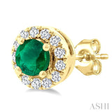 3.25 MM Round Emerald and 1/10 Ctw Round Cut Diamond Halo Precious Stud Earrings in 14K Yellow Gold