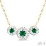 3.80 MM & 3 MM Round Shape Emerald and 5/8 Ctw Round Cut Diamond Past Present & Future Precious Lovebright Necklace in 14K Yellow and White Gold
