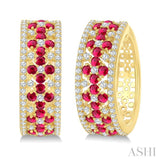 3/4 Ctw Floral Panel 1.80MM Round Cut Ruby and Round Cut Diamond Precious Hoop Earring in 14K Yellow Gold