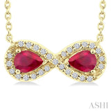 4X3 MM Pear Shape Ruby and 1/10 Ctw Round Cut Diamond Precious Infinite Halo Pendant With Chain in 10K Yellow Gold