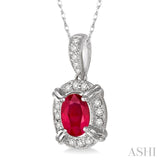 6x4 MM Oval Cut Ruby and 1/10 Ctw Round Cut Diamond Pendant in 14K White Gold with Chain