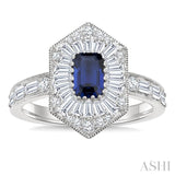 1 Ctw Art Deco Hexagon 6X4MM Octagon Shape Sapphire, Baguette and Round Cut Diamond Precious Fashion Ring in 14K White Gold