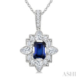 5/8 Ctw Art Deco 6X4MM Octagon Shape Sapphire and Mixed Cut Diamond Precious Pendant With Chain in 14K White Gold
