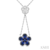 4x3 MM Pear Cut & 1.8 MM Round Sapphire and 1/5 Ctw Round Cut Diamond Floral Blossom Precious Necklace in 14K White Gold
