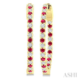 1.6 MM Round Shape Ruby and 1/2 Ctw Round Cut Diamond Inside & Outside Alternating Precious Hoop Earrings in 14K Yellow Gold