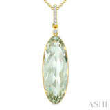 22X8 MM Evoque Gemstone Oval Shape Green Amethyst and 1/20 Ctw Round Cut Diamond Semi-Precious Pendant With Chain in 14K Yellow Gold