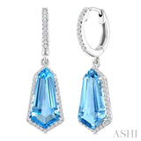 14X7 MM Evoque Gemstones Shield Shape Blue Topaz and 3/8 Ctw Round Cut Diamond Semi-Precious Earrings in 14K White Gold