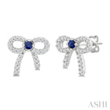 2MM Round Cut Sapphire and 1/6 Ctw Round Cut Diamond Bow Petite Precious Fashion Earrings in 10K White Gold