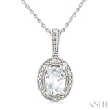 6X4 MM Oval Shape White Topaz and 1/50 Ctw Round Cut Diamond Semi-Precious Pendant With Chain in Sterling Silver