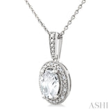 6X4 MM Oval Shape White Topaz and 1/50 Ctw Round Cut Diamond Semi-Precious Pendant With Chain in Sterling Silver