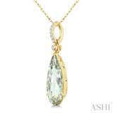 16X6 MM Evoque Gemstone Pear Shape Green Amethyst and 1/20 Ctw Round Cut Diamond Semi-Precious Pendant With Chain in 10K Yellow Gold