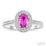 7X5 MM Oval Shape Lab-Created Pink Sapphire and 1/50 Ctw Round Cut Diamond Precious Ring in Sterling Silver
