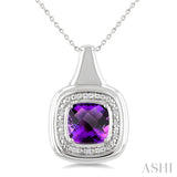 8 MM Cushion Shape Amethyst and 1/20 Ctw Round Cut Diamond Bold Semi-Precious Pendant With Chain in Sterling Silver