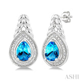 8X5MM Pear Cut Blue Topaz and 1/20 Ctw Round Cut Diamond Semi-Precious Earrings in Sterling Silver