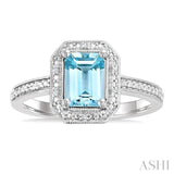 7X5 MM Octagon Shape Aquamarine and 1/50 Ctw Round Cut Diamond Semi-Precious Ring in Sterling Silver