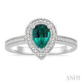 7X5 MM Pear Shape Lab-Created Emerald and 1/50 Ctw Round Cut Diamond Precious Ring in Sterling Silver