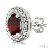 6X4 MM Oval Shape Garnet and 1/50 Ctw Round Cut Diamond Semi-Precious Earrings in Sterling Silver