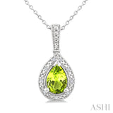 7X5 MM Pear Shape Peridot and 1/50 Ctw Round Cut Diamond Semi-Precious Pendant With Chain in Sterling Silver