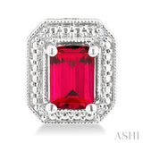 6X4 MM Octagon Shape Lab-Created Ruby and 1/50 Ctw Round Cut Diamond Precious Earrings in Sterling Silver