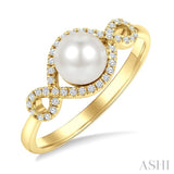 6 MM Cultured Pearl and 1/6 Ctw Round Cut Diamond  Petite Halo Ring in 10K Yellow Gold