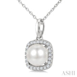 6 MM Cultured Pearl and 1/10 Ctw Round Cut Diamond Petite Cushion Shaped Fashion Pendant With Chain in 10K White Gold