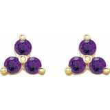 14K Yellow Gold Natural Amethyst Three Stone Earrings