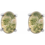 14K White Gold 7x5 mm Oval Natural Moss Agate Earrings
