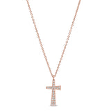 Rose Gold Finish Sterling Silver Micropave Tapered Cross Pendant with Simulated Diamonds on 16