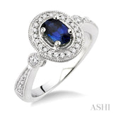 6x4 MM Oval Cut Sapphire and 1/5 Ctw Round Cut Diamond Ring in 14K White Gold