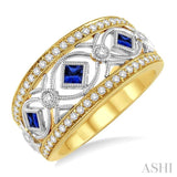 2.3 MM Princess Cut Sapphire and 1/3 Ctw Round Cut Diamond Band in 14K Yellow and White Gold