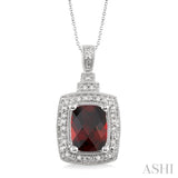 9x7 MM Cushion Shape Garnet and 1/10 Ctw Single Cut Diamond Pendant in Sterling Silver with Chain