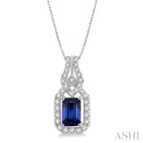 1/5 Ctw Interlocking Round Cut Diamond & 6x4 MM Emerald Shape Sapphire Precious Pendant With Chain in 14K White Gold