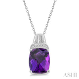 1/50 Ctw Looped Round Cut Diamond & 10x8 MM Cushion Shape Amethyst Semi Precious Pendant With Chain in Sterling Silver