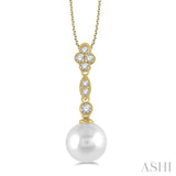 8MM Cultured Pearl and 1/6 ctw Floral Dangler Round Cut Diamond Pendant With Chain in 14K Yellow Gold