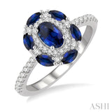 1/3 Ctw Oval 6x4 MM & Marquise 4X2 MM Sapphire and Round Cut Diamond Precious Ring in 14K White Gold