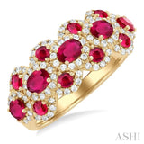 1/2 ctw Scalloped Edge 4X3 MM Oval & 2.2 MM Round Cut Ruby and Round Cut Diamond Precious Ring in 14K Yellow Gold