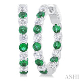 5/8 Ctw Interior & Exterior 2.4 MM Emerald and Round Cut Diamond Precious Hoop Earring in 14K White Gold