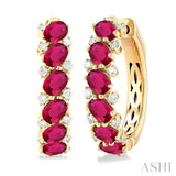1/4 Ctw Oval Cut 4X3 MM Ruby and Round Cut Diamond Precious Hoop Earring in 14K Yellow Gold