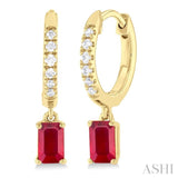 1/8 ctw Petite 5x3 MM Ruby Drop and Round Cut Diamond Precious Fashion Huggies in 10K Yellow Gold