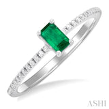 1/10 ctw Petite 5x3 MM Emerald Shape Emerald and Round Cut Diamond Precious Fashion Ring in 10K White Gold