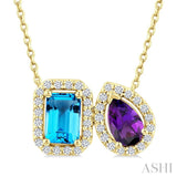 6X4 MM Emerald Cut Blue Topaz and Pear Cut Amethyst and 1/5 Ctw Toi Et Moi Round Cut Diamond Halo Fashion Pendant With Chain in 14K Yellow Gold