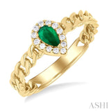 1/10 ctw Cuban Link 5x3 MM Pear Cut Emerald and Round Cut Diamond Halo Precious Ring in 10K Yellow Gold
