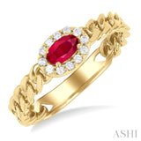 1/10 ctw Cuban Link East-West 5x3 MM Oval Cut Ruby and Round Cut Diamond Halo Precious Ring in 10K Yellow Gold