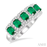 1/2 ctw Emerald Shape 4x3 MM Precious Emerald and Round Cut Diamond Wedding Band in 14K White Gold